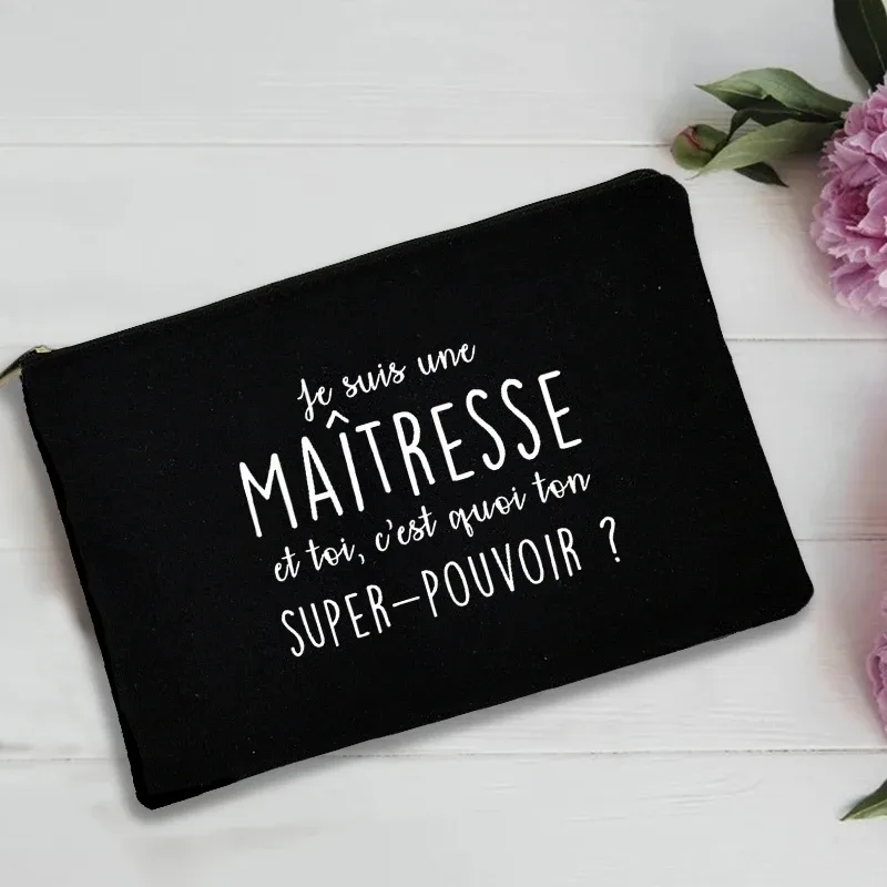 trousse de toilette voyage pochette maquillage cadeau maitresse sac de rangement imprimé français pour enseignant, pochette de poignet noire, sac de voyage de lavage, cadeaux pour enseignant, merci maîtresse