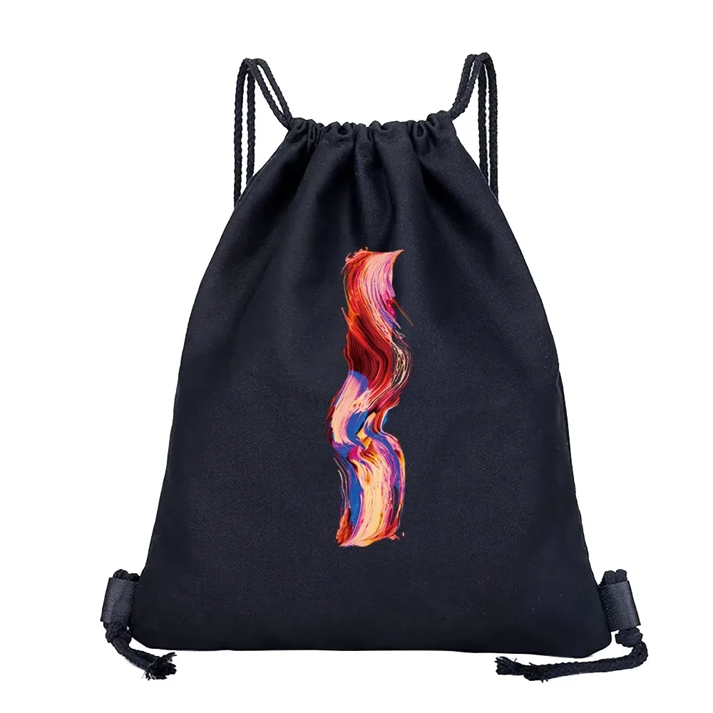 sac dos lin noir motif multicolore compact pliable cordon serrage poignées souple grande capacité sports plein air harajuku polyvalent