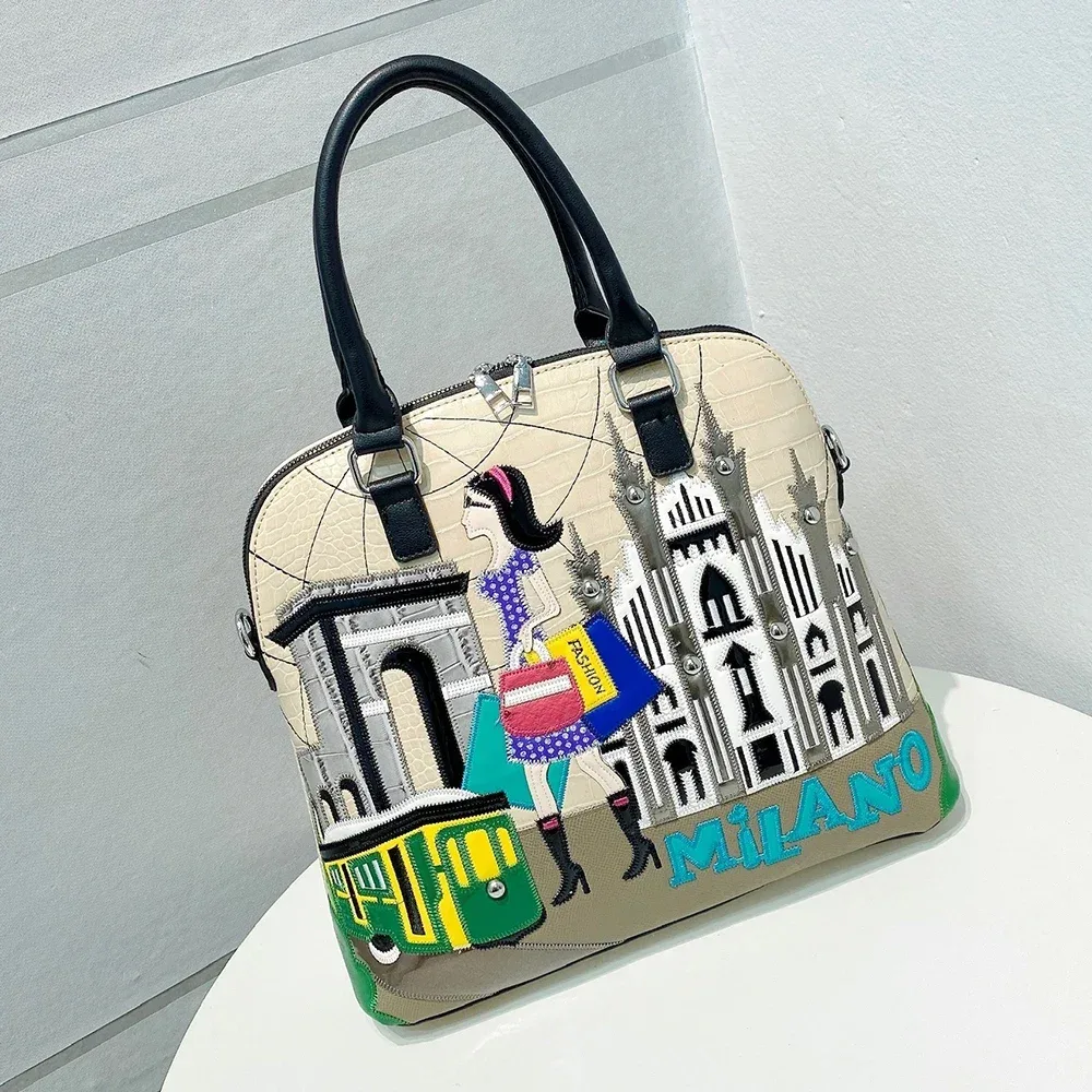 sac à dos en cuir avec broderie patchwork pour femme, cartable preppy, sac d'étudiant, sac de voyage, fourre-tout, style braccialini, dessin animé milan