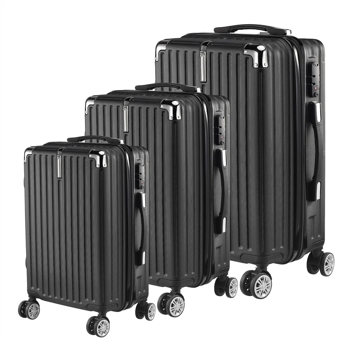 roshanda ensemble de valises 3 pièces 20 "24" 28 "abs coque rigide ensemble de bagages de voyage 4 roues fermeture éclair télescopique tige de traction ensemble m-l-xl, noir