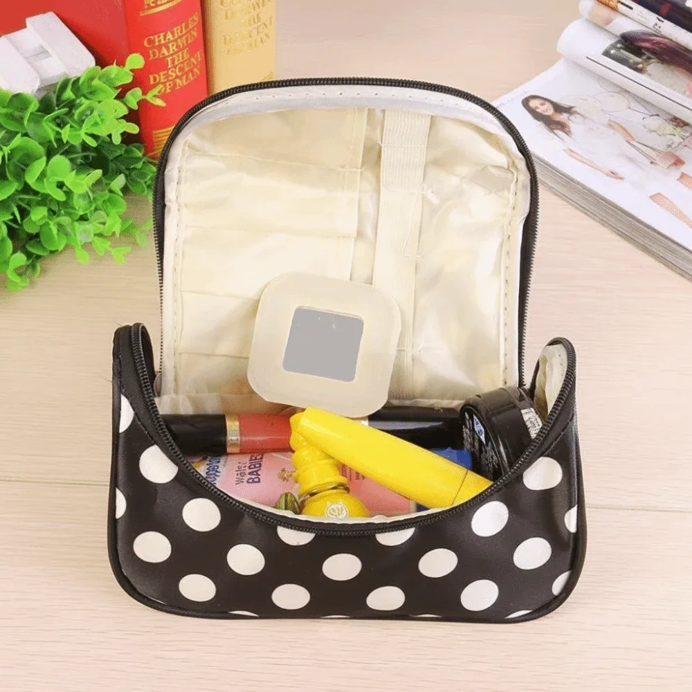 sac de maquillage portable à pois, style coréen, trousse de toilette de voyage grande capacité, sac de rangement cosmétique à rabat