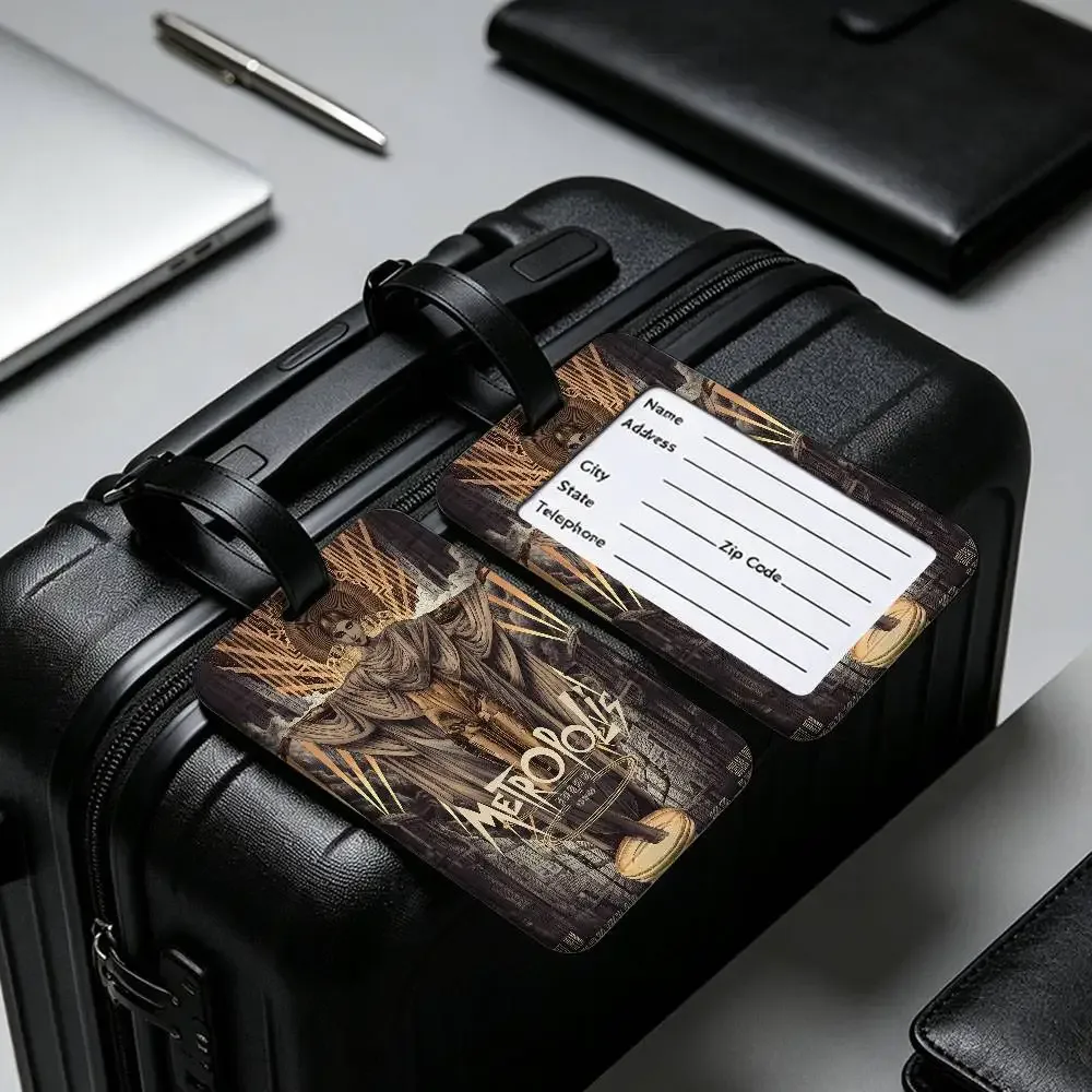 étiquette de bagage en pvc légère anti-perte, style rétro années 80, inspirée du film metropolis (allemagne), avec pochette amovible pour carte d'information, pour sac à dos
