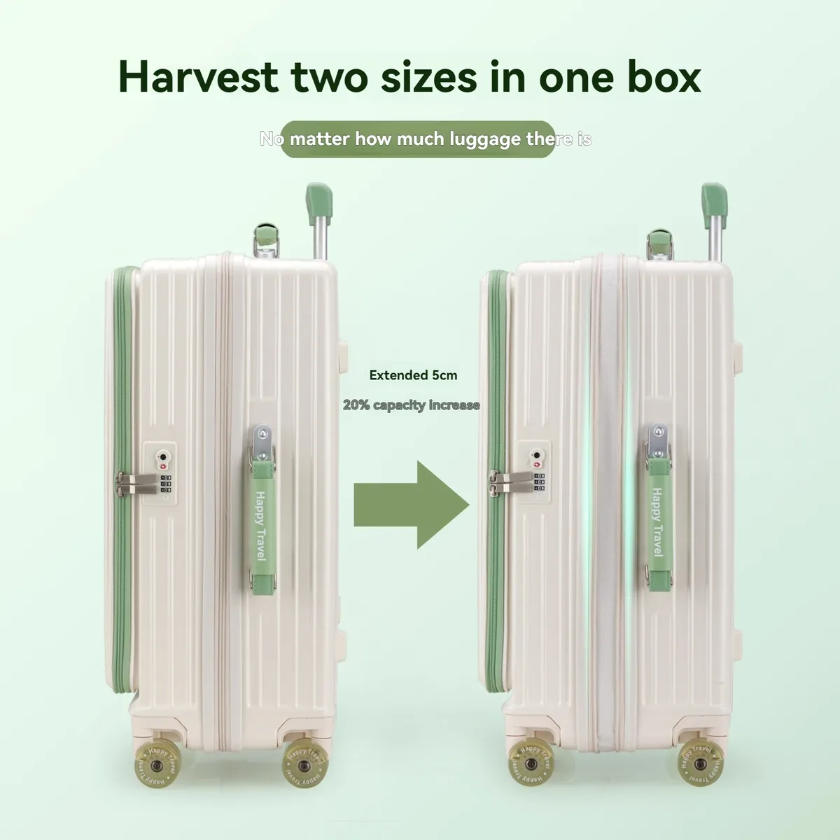 valise bagage rigide abs blanc vert roulettes toupie poignée télescopique couche extensible serrure douanière usage voyage longue distance vacances mer