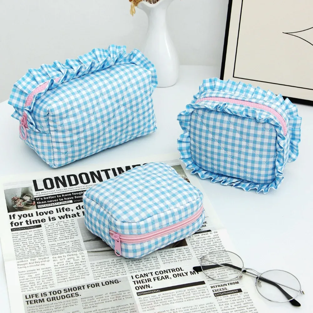 sac de maquillage portable, design matelassé, motif à carreaux, sac de rangement pour pinceaux de maquillage avec fermeture éclair, sac de toilette multifonctionnel pour les voyages