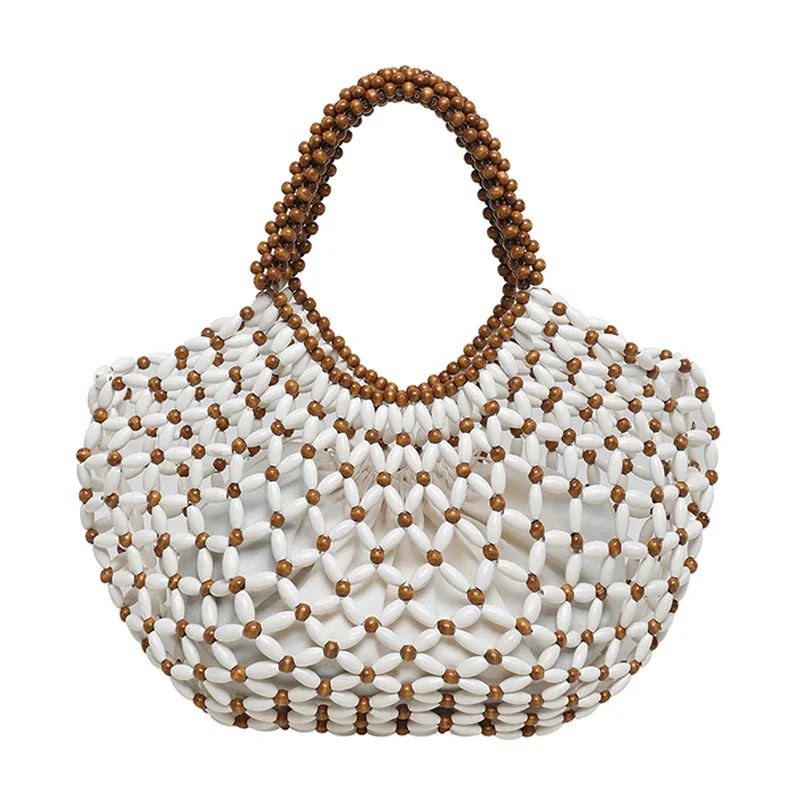 sac à main féminin fait main en perles, sac de plage tissé pour femmes, design exquis, sac seau creux en perles de bois, sac à bandoulière.
