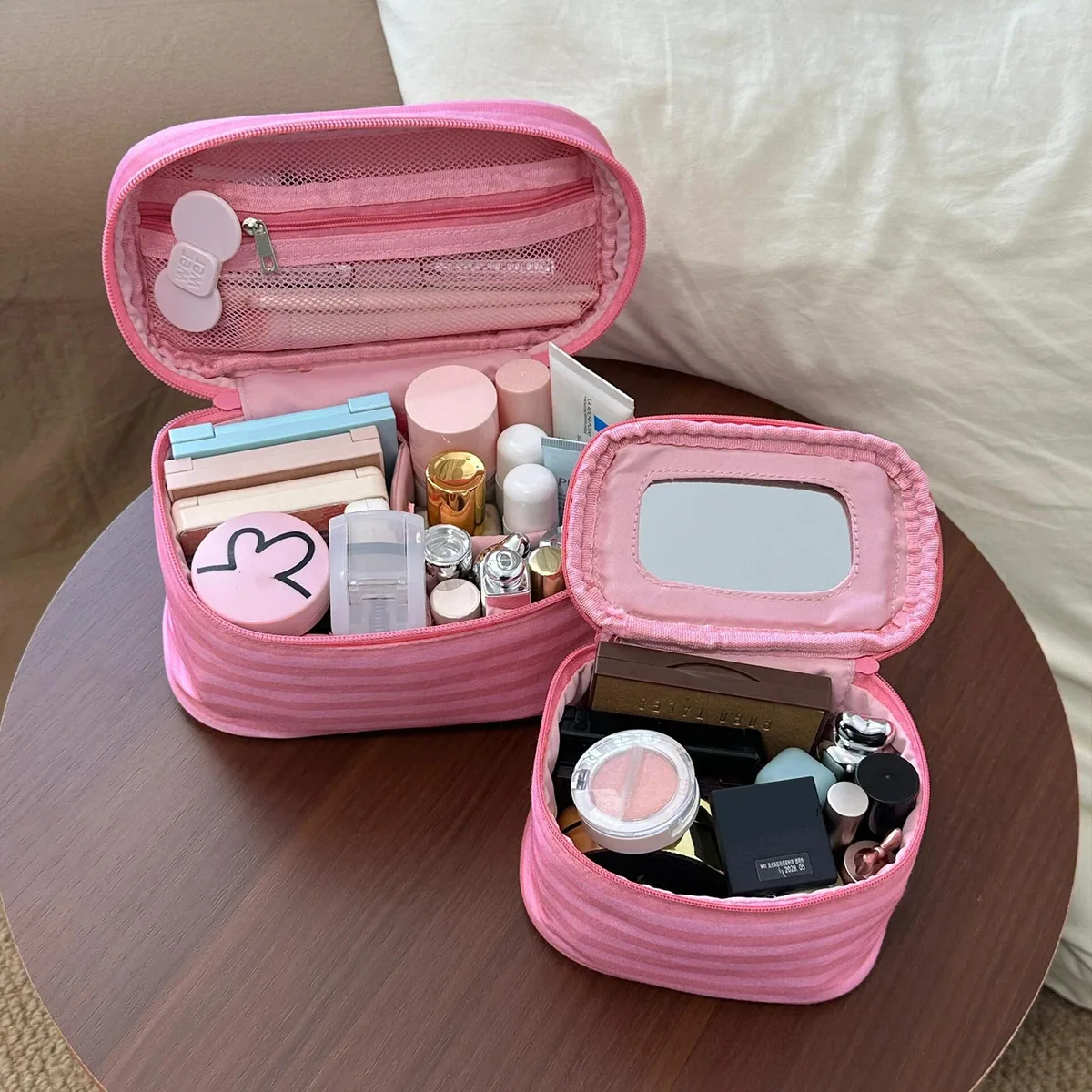nouvelle trousse de maquillage portable mini mignonne à rayures roses pour femmes – idéale pour les sorties et les voyages