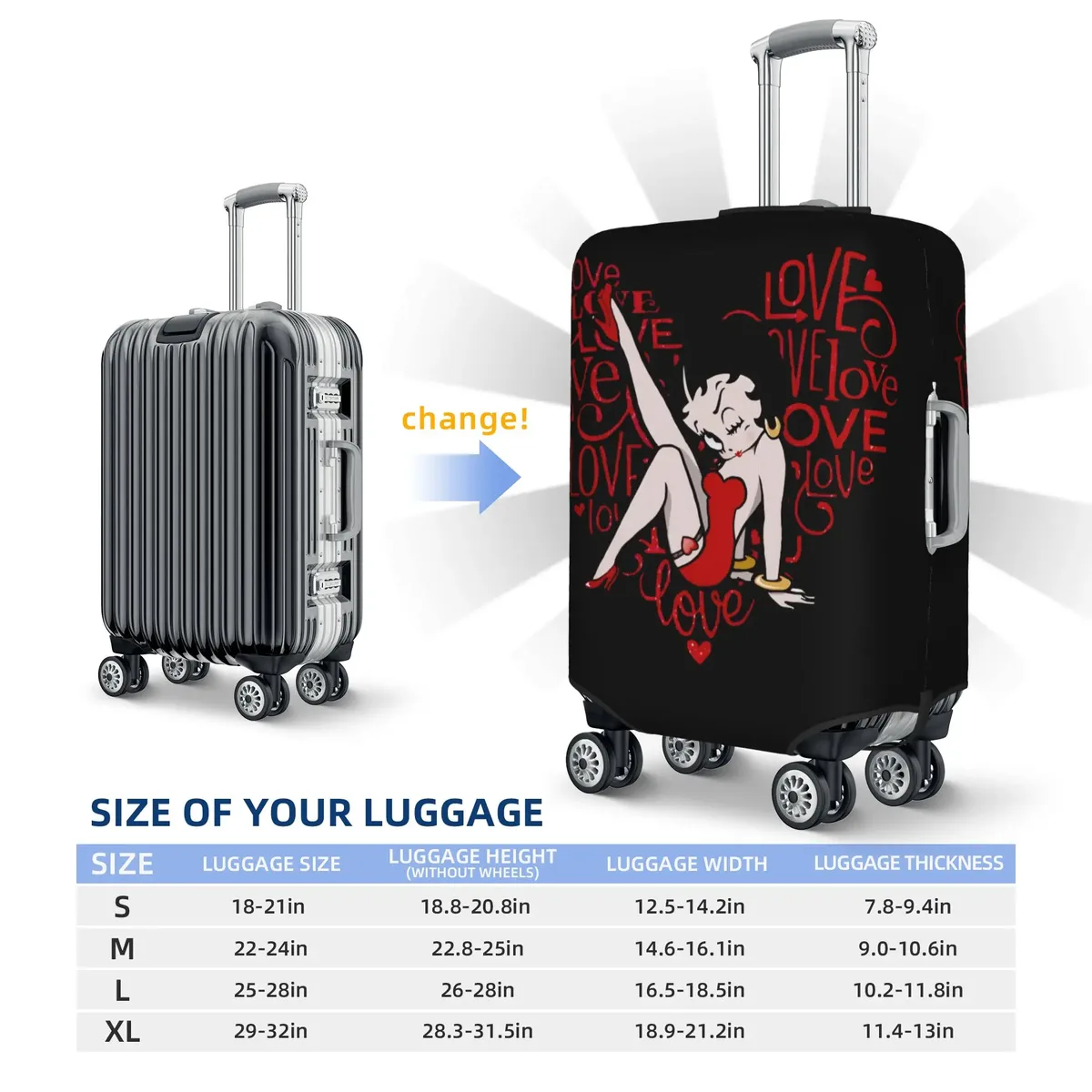 housse de valise élastique personnalisée b-bettys cartoon boop, housse de bagage de voyage classique d'anime pour valises de 18 à 32 pouces