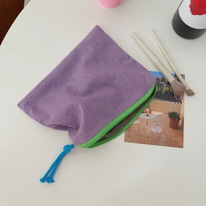 sac de maquillage à carreaux bloquant les couleurs pour femmes, sac de rangement pour pinceaux de maquillage de grande capacité, trousse de toilette pour soins de la peau