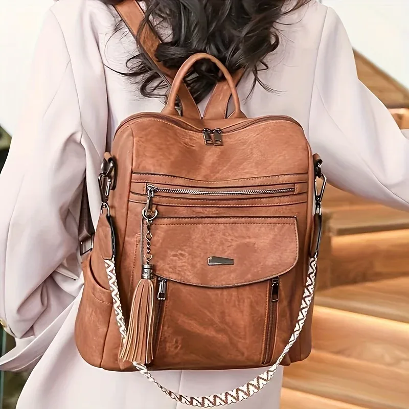 sac dos polyester unisexe rose bleu beige noir décontracté grande capacité poche intérieure fendue bandoulière arquée fermeture éclair souple imperméable
