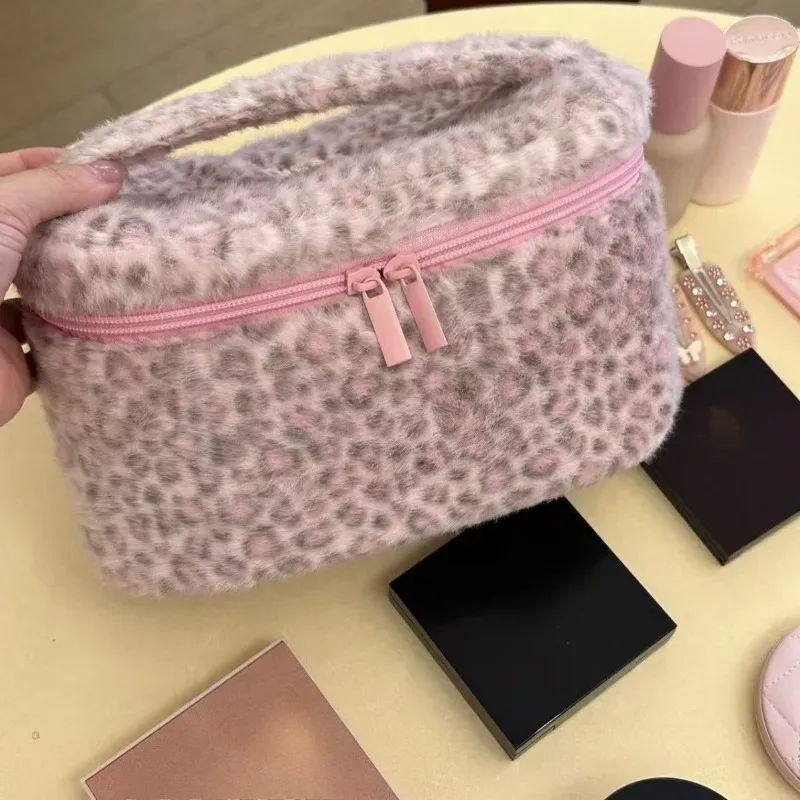 sac à cosmétiques pour femmes, sac de maquillage en peluche léopard mignon kawaii, sac de rangement multifonctionnel à la mode, grande capacité, pochette de rangement multifonctionnelle