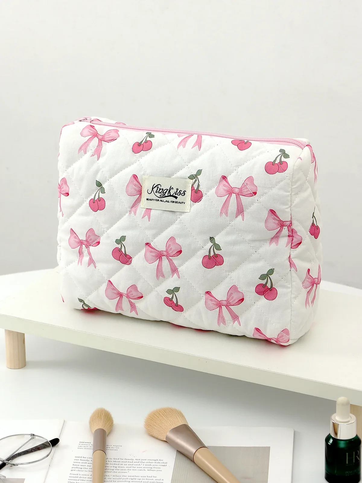 trousse polyester cerises rubans blanc rose voyage cosmétiques maquillage portable matelassée fermeture éclair multifonctionnelle