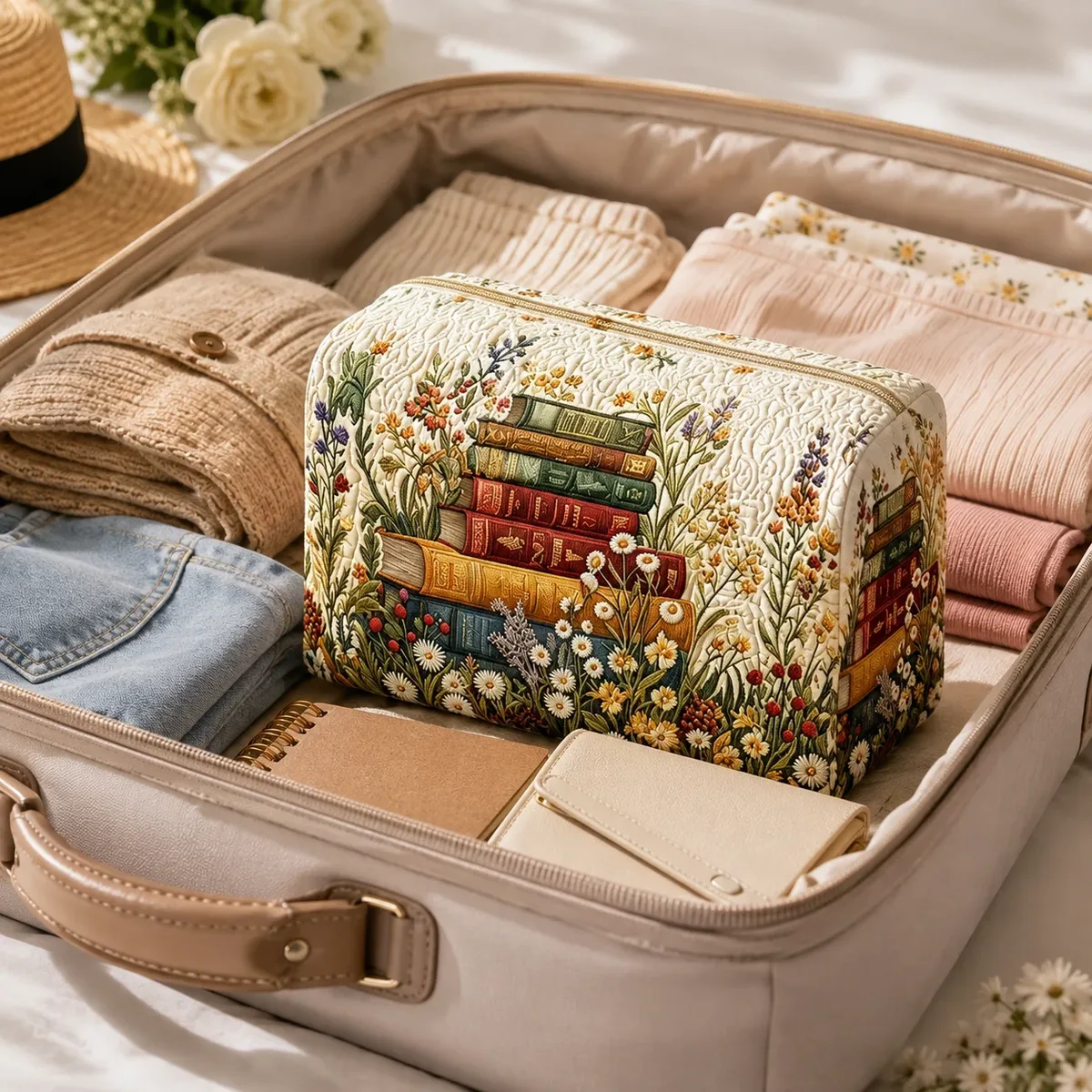 trousse de maquillage vintage motif floral, pochette portable matelassée, organisateur de toilette, trousse de voyage, sac de rangement