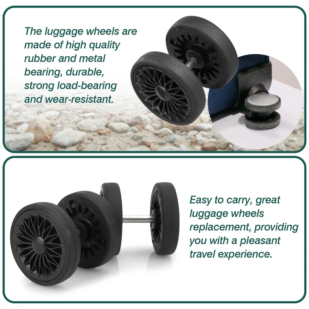 roues remplacement plastique métal noires vis ecuirs rondelles valise réparation voyage silencieuses fluide utilisation divers surfaces