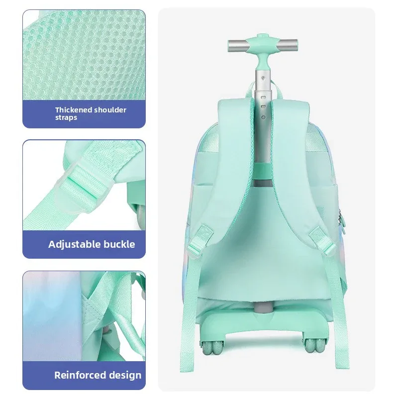 sac dos polyester forme rectangulaire motif bandes horizontales colorées pompons blancs roues poignée etudiante voyage sac école