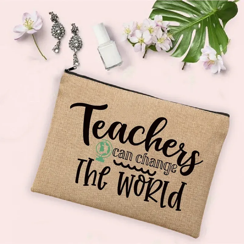 teacher change the world linen powder trousse de toilette de voyage pour femme, trousse de maquillage, cadeau de retour à l'école, sac à cosmétiques