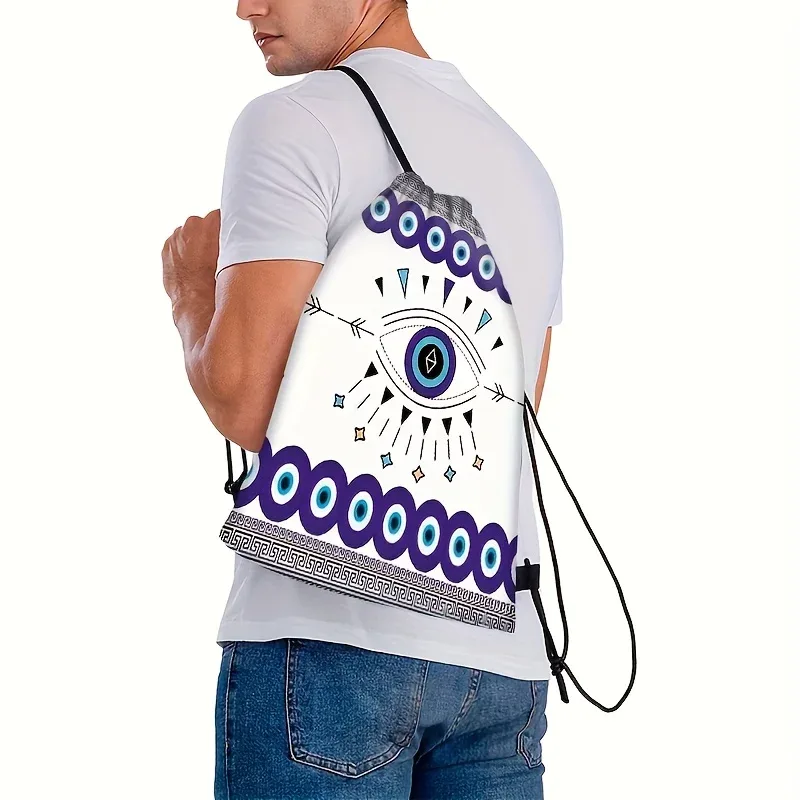 sac dos nylon blanc motif oeil géométrique bleu violet grande capacité voyage école sport shopping fêtes