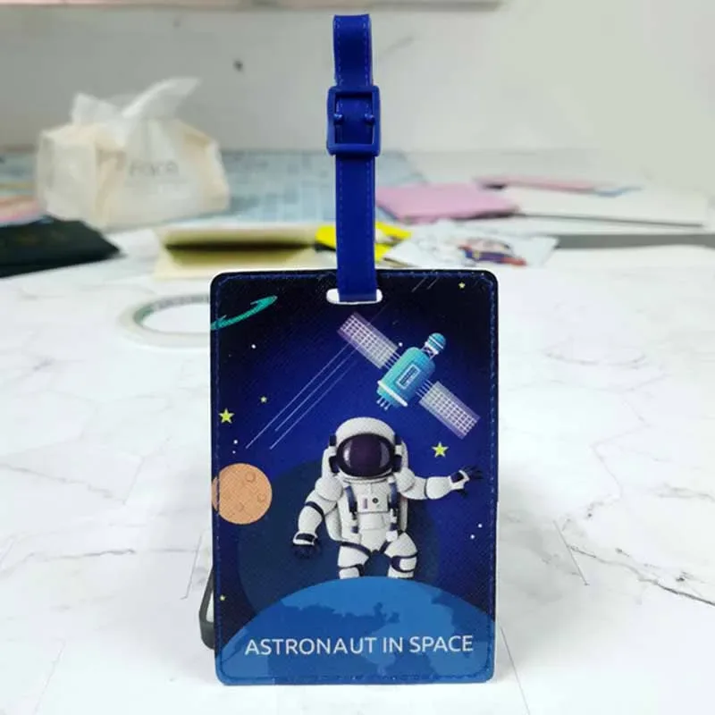 étiquette bagage pu astronaute espace planètes étoiles fusées fenêtre contact attachement bleu nuit voyage