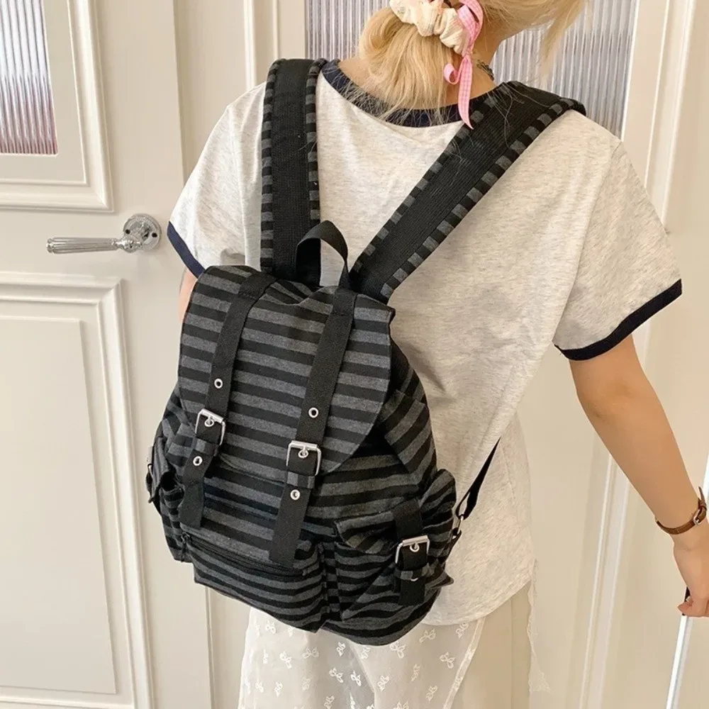 sac à dos décontracté à grande capacité, rayé, style coréen, multi-poches, sac d'école pour étudiants, nylon, y2k, sac de randonnée et de camping pour femmes