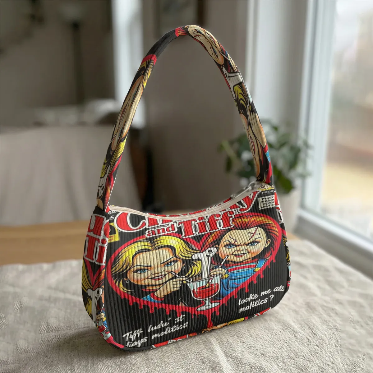 sac à bandoulière tendance imprimé chucky & tiffany, sac sous le bras en velours côtelé pour un usage quotidien décontracté