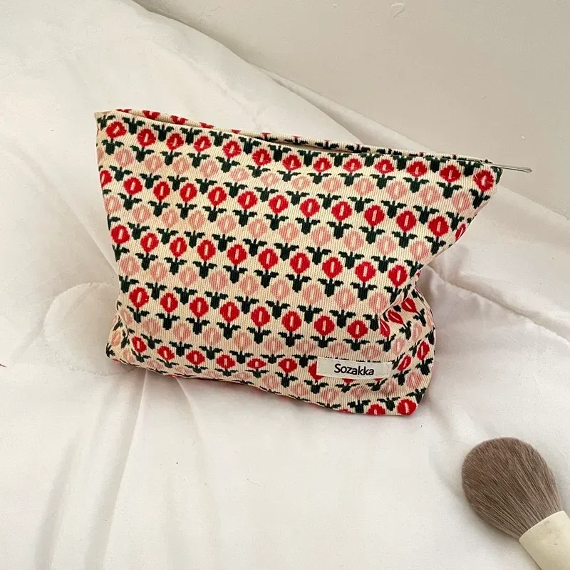 trousse de maquillage en velours côtelé pour femme, trousse cosmétique à imprimé floral rétro, étuis de rangement de beauté, poudres de maquillage de voyage