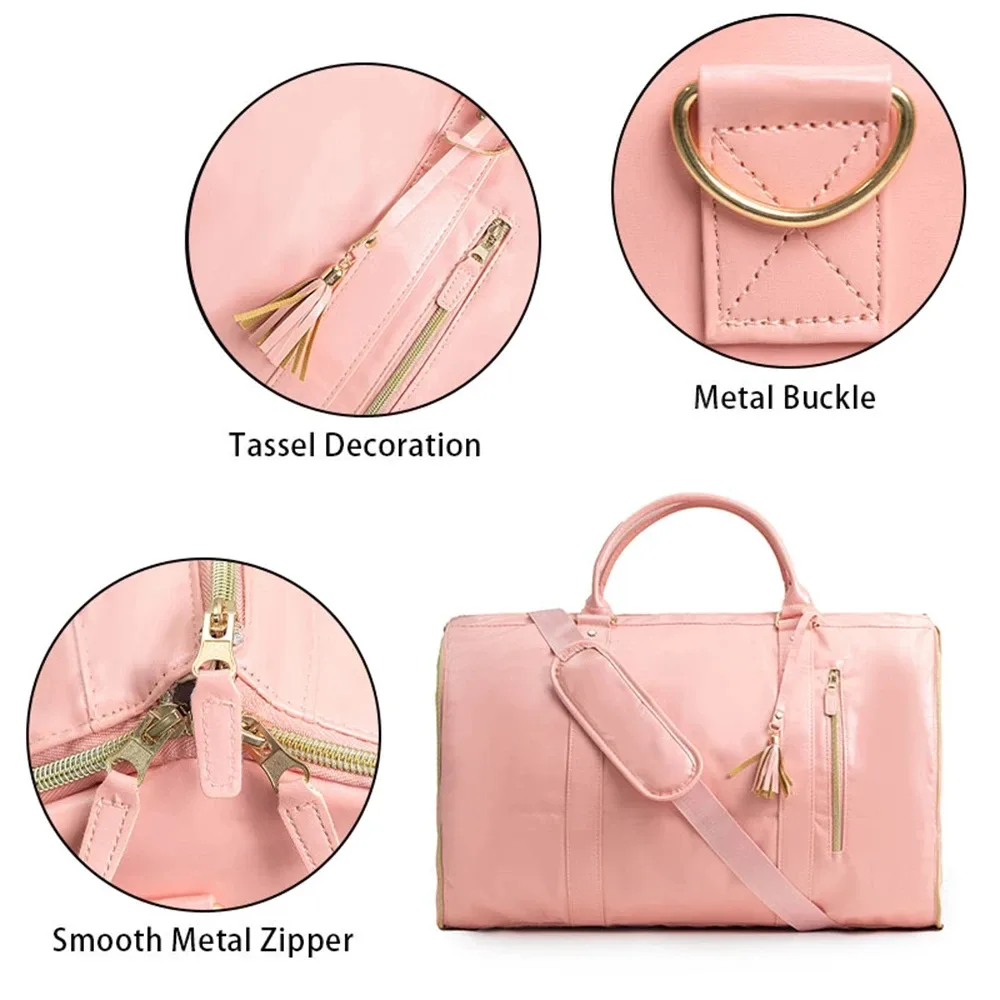 sac voyage polyvalent polyester résistant eau rose clair poignées latérales compartiment intérieur sac rangement transparent ceinture noire