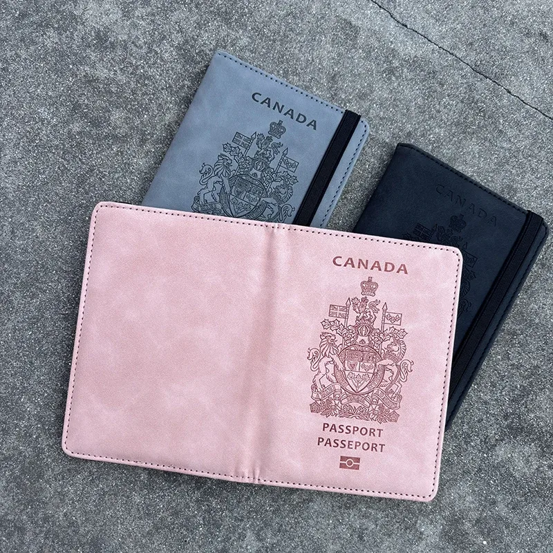 porte-passeport organisateur intérieur rose clair bande noire blason canada texte voyage rfid accessoires voyage