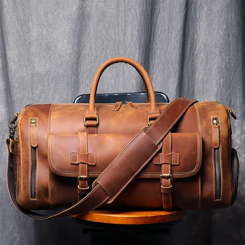 munuki sac de voyage vintage en cuir véritable crazy horse, grand sac à bagages, sac de week-end en cuir pour homme, grand sac fourre-tout m107
