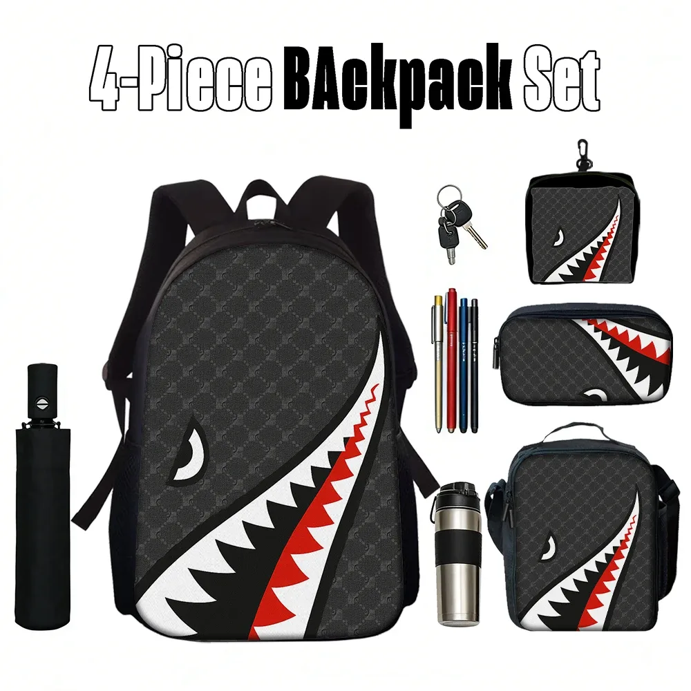 sac dos polyester mâchoire requin fond noir usage voyage école aventures quotidien petit sac assorti