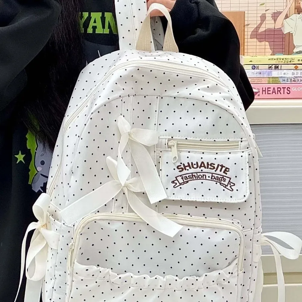 sac à dos en nylon à pois avec nœud, multi-compartiments, grande capacité, fermeture éclair, doublure en polyester, sac à dos de voyage