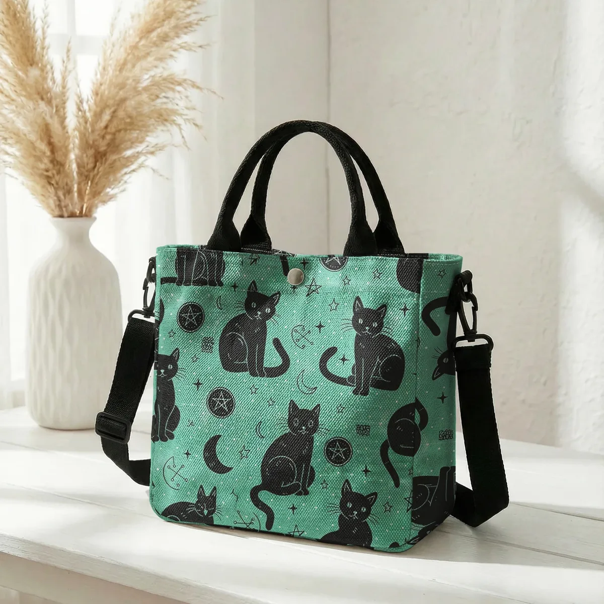 sac fourre-tout en toile rose imprimé lune et étoiles avec chat noir sorcière, bandoulière détachable, sac à main bandoulière pour femme, idéal pour le shopping quotidien