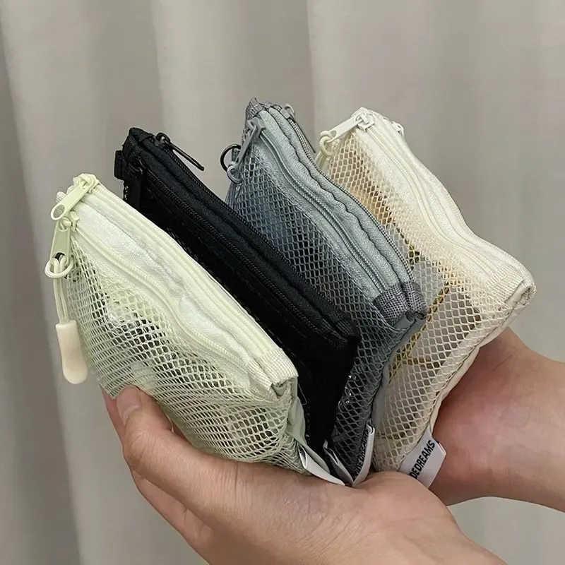 sac en maille de couleur unie, fermeture éclair double couche, mini sac de rangement pour articles divers, portefeuille portable, sac pour rouge à lèvres et cosmétiques