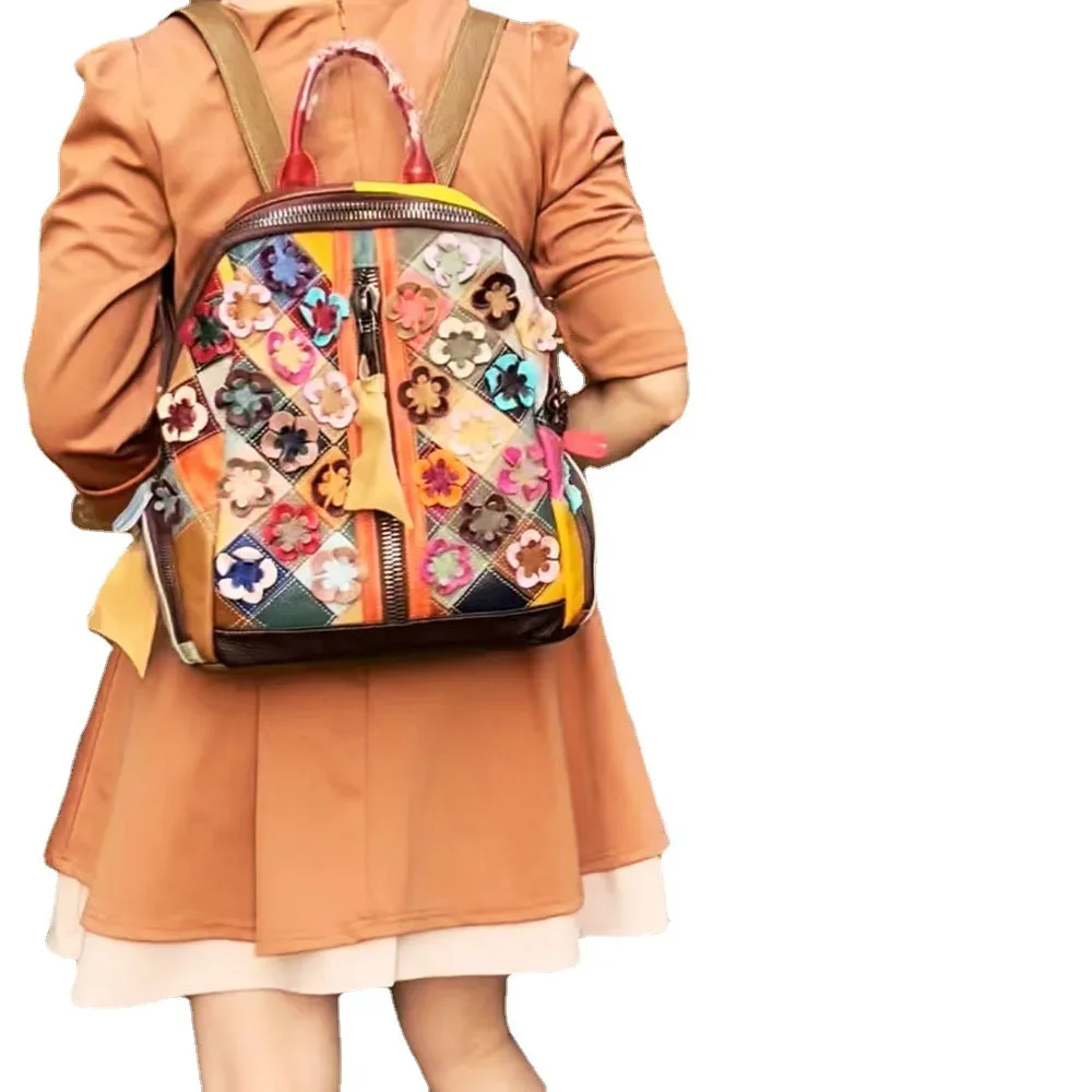 sac à dos en cuir véritable pour femme, motif floral, cartable de voyage pour dames, nouvelle collection 2025