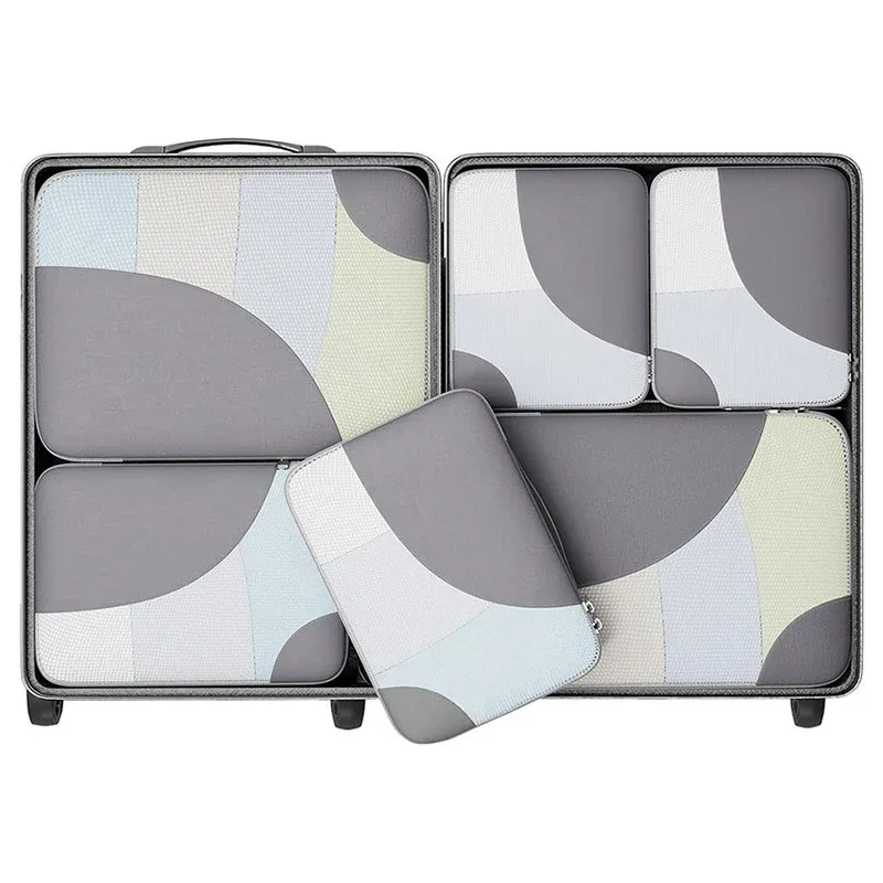 organisateur voyage polyester gris beige motif géométrique cube sac compression chaussures pochette housse vêtements tailles différentes transport pratique