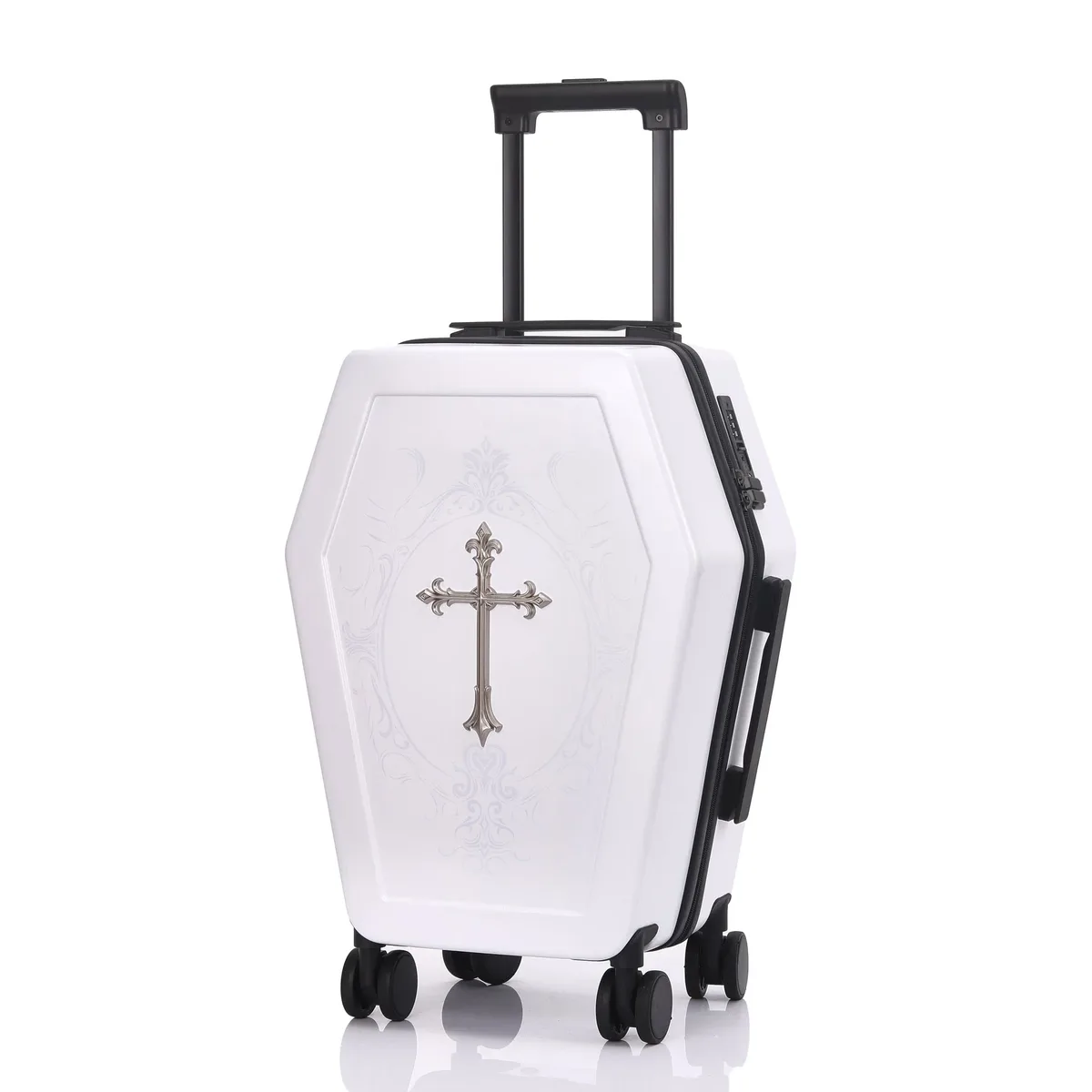 valise gothique au design unique en forme de cercueil, sac de voyage d'halloween, coffre rétro noir, valise à thème vampire, bagage à esthétique sombre.