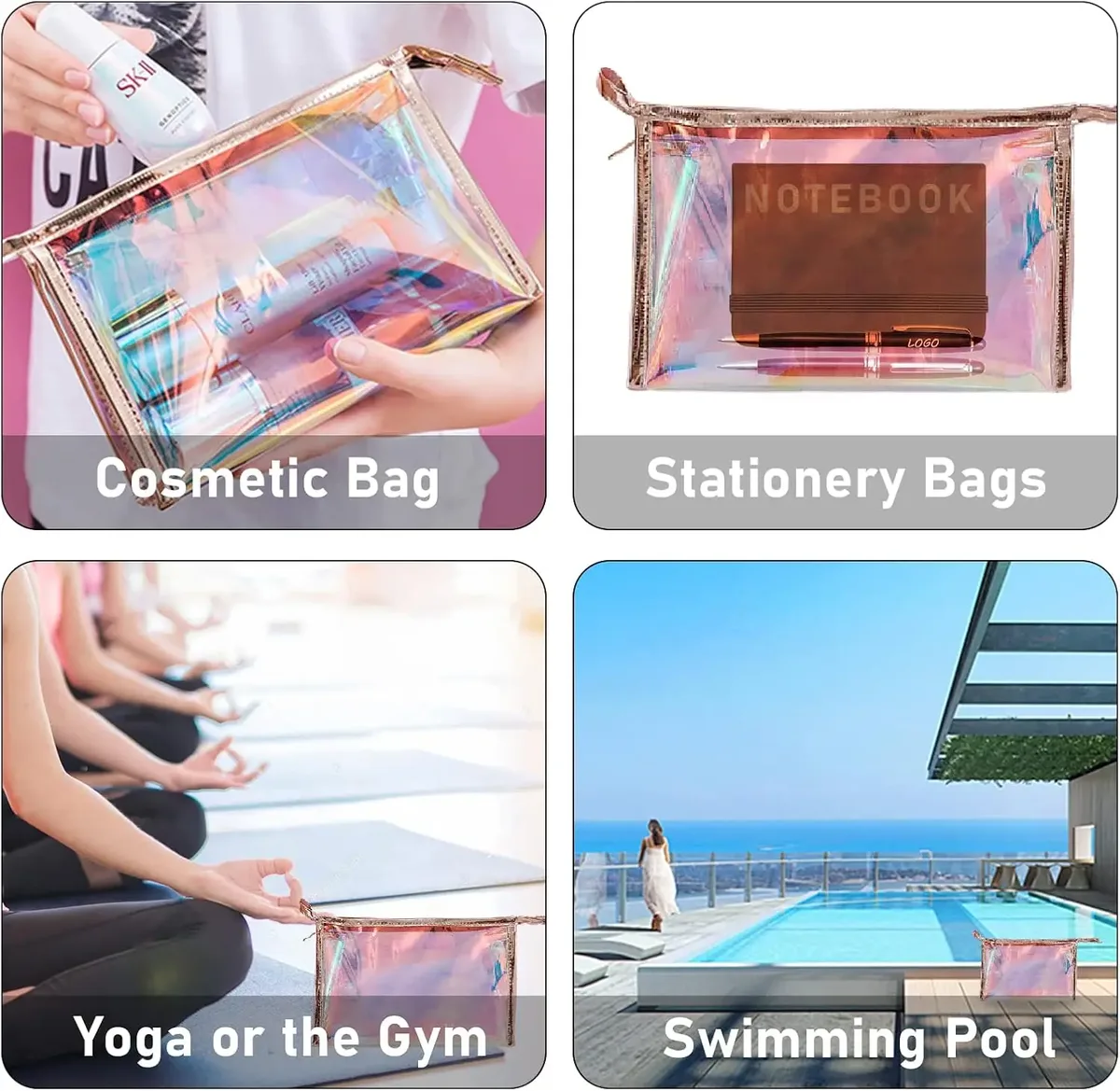 pochette de maquillage holographique, pochette de maquillage transparente en pvc, pochette cosmétique irisée, pochette cosmétique portable de voyage, sacs cosmétiques en tpu
