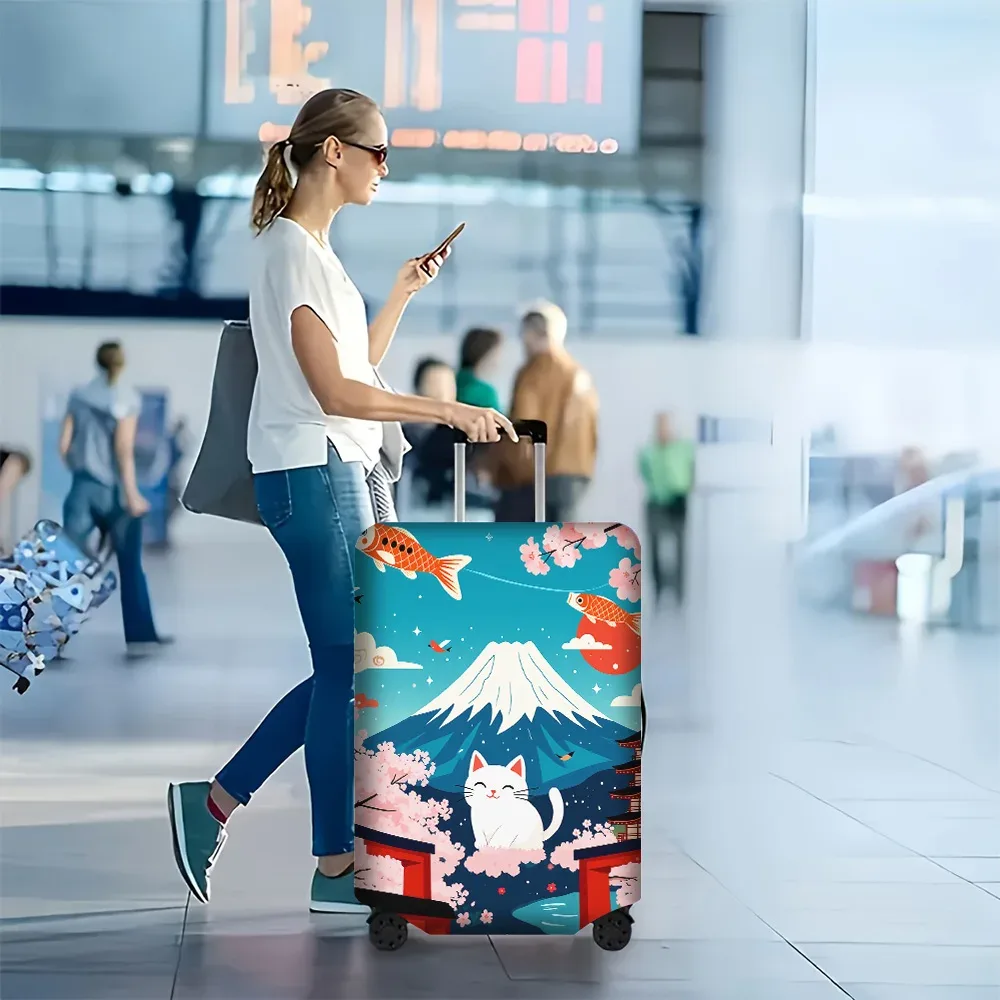 housse valise polyester motif chat blanc souriant poissons rouges fleurs cerisier mont fuji bleu protection voyage roulettes poignée noire
