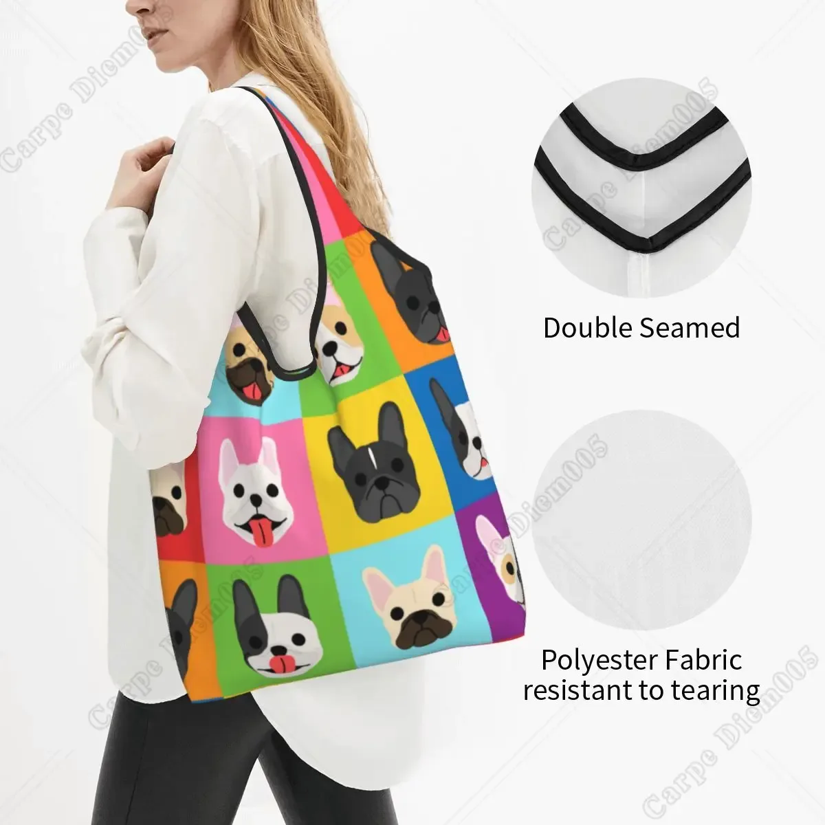 sac à provisions portable pop art pour femme, style bungalow, bouledogue français, sac fourre-tout pour chien, cadeau pour animal de compagnie, sacs d'épicerie