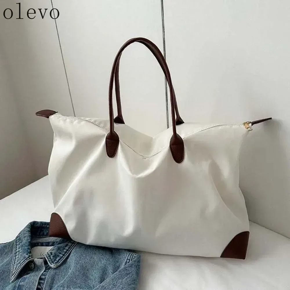sac fourre-tout en nylon oxford imperméable de couleur unie, avec garniture en cuir coréen, sac à bandoulière sous le bras, pour les trajets quotidiens