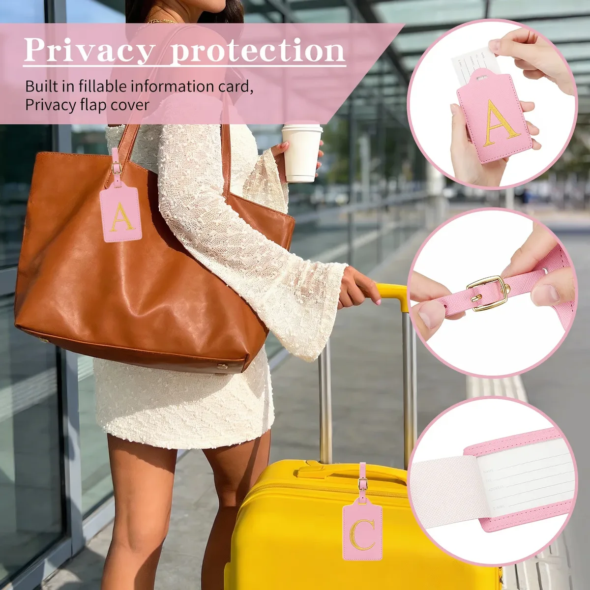 étiquettes de bagages miyin 26 lettres en cuir pu pour valises, protection de la vie privée, accessoires de voyage essentiels, rose