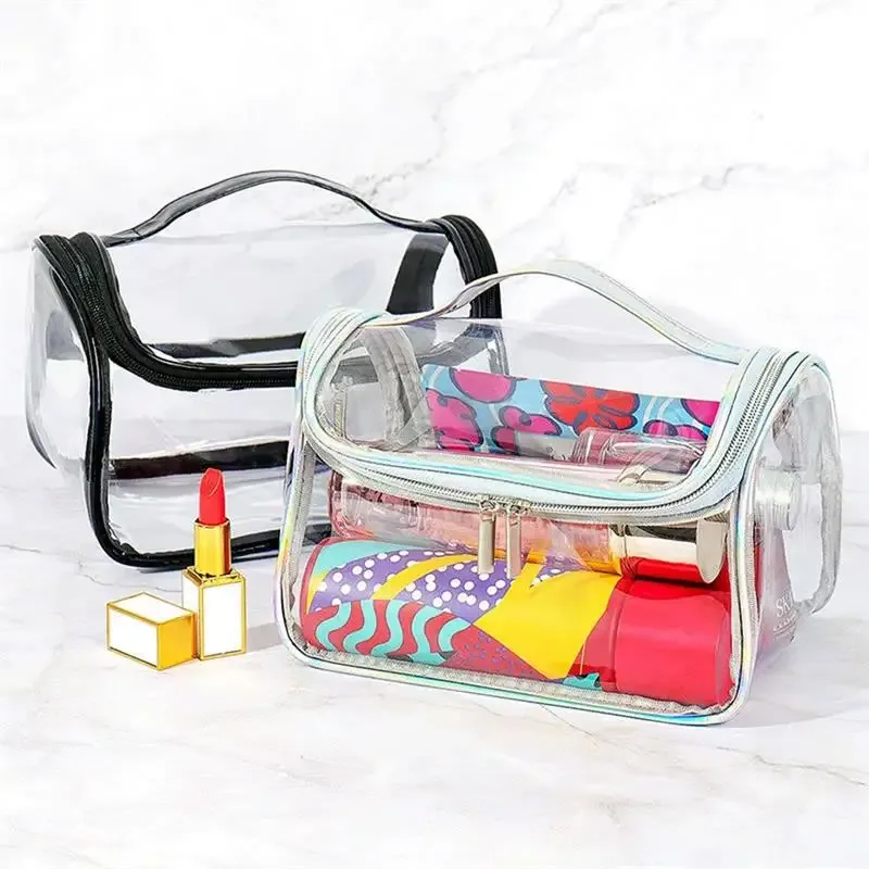 sac à cosmétiques de voyage transparent étanche de grande capacité, pochette de rangement de maquillage portable en pvc, trousse de toilette à fermeture éclair