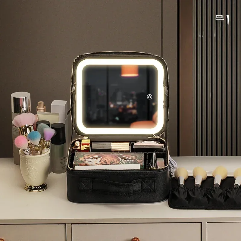 trousse de maquillage grande capacité avec miroir et lumière led, sac de retouche portable professionnel, style ins, couleur unie, autres matériaux