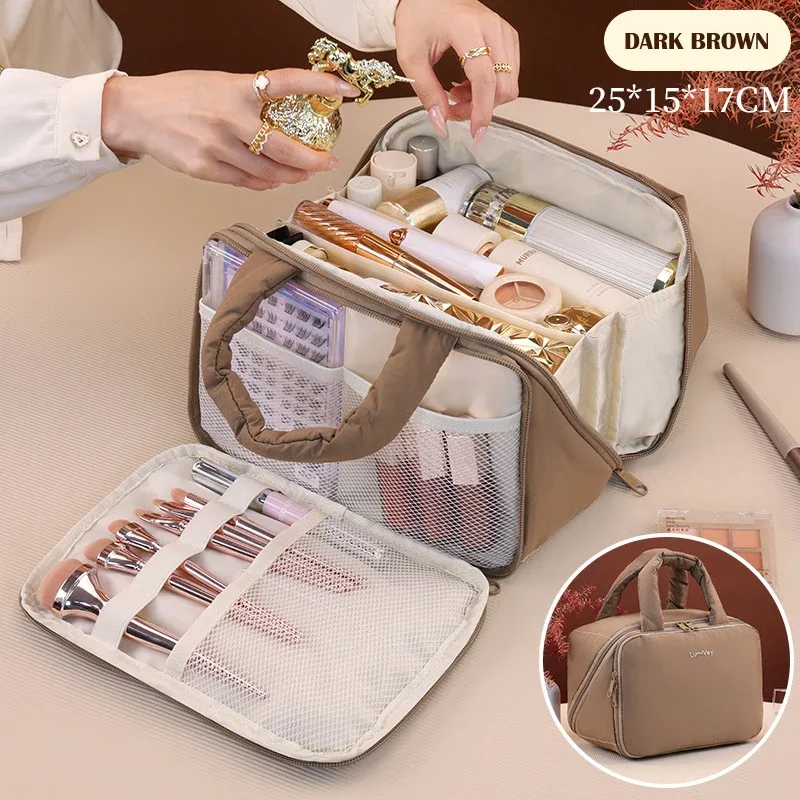 trousse de toilette avec séparateur et poignée, grande capacité, organisateur de maquillage à ouverture large, fermeture éclair, nouveau design, sac cosmétique de voyage mignon