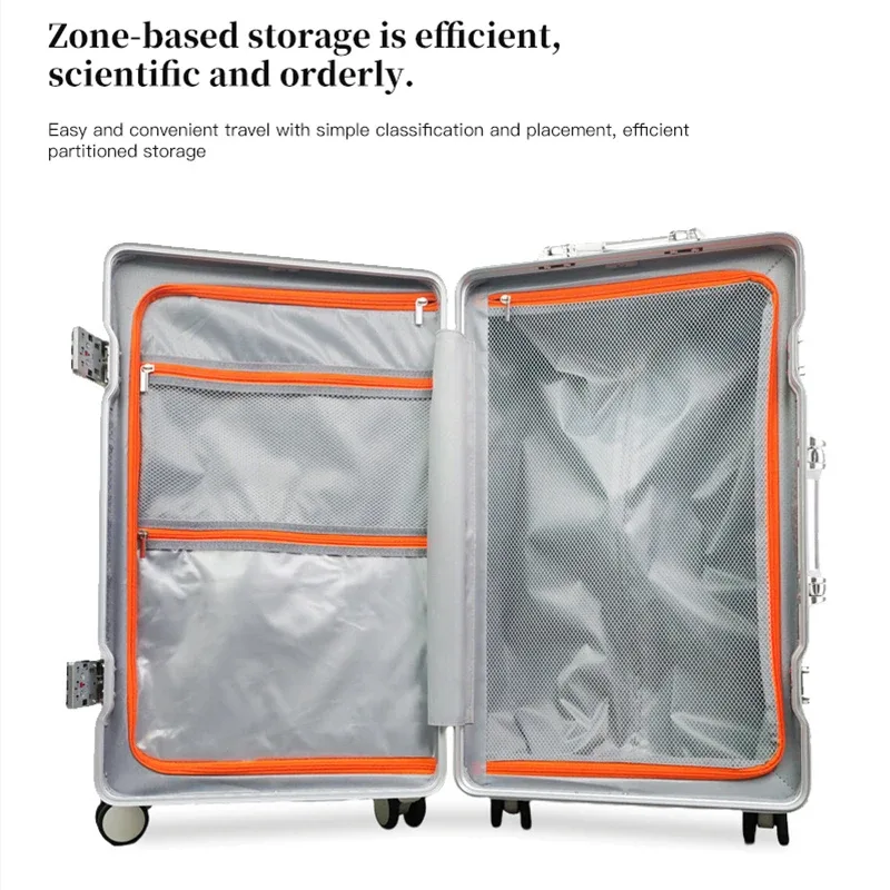 valise bagage roulante aluminium blanc violet grand capacité compartiment divisé roues bandes orange voyage étudiant