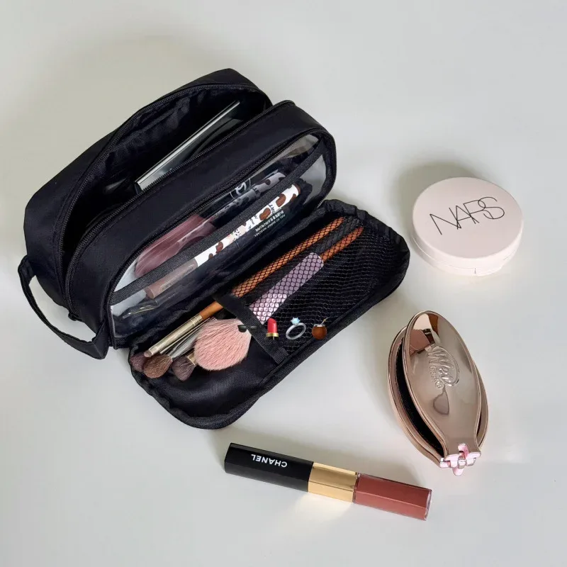 grande trousse de maquillage noire en maille, portable, pour voyage, organiseur de pinceaux de toilette, sac à pinceaux au design simple pour femme, pour usage quotidien