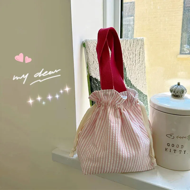 sac organisateur à cordon avec poignée supérieure, rayures, portable, porte-monnaie à main, pratique, réutilisable, pochette de voyage, pique-nique