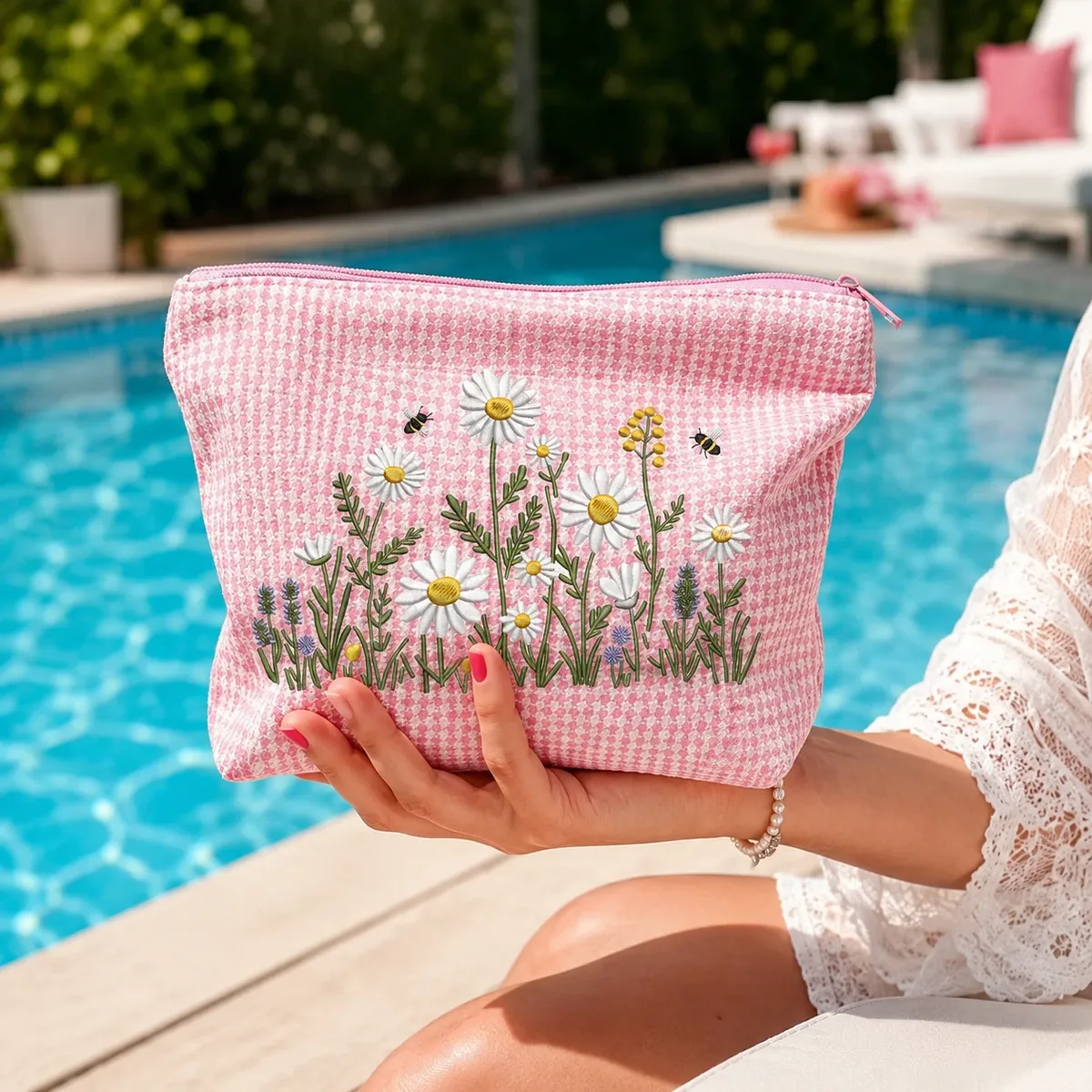 pochette cosmétique en gingham brodée daisy, grande trousse de toilette à fermeture éclair pour femmes, organiseur de voyage pour les vacances à la plage