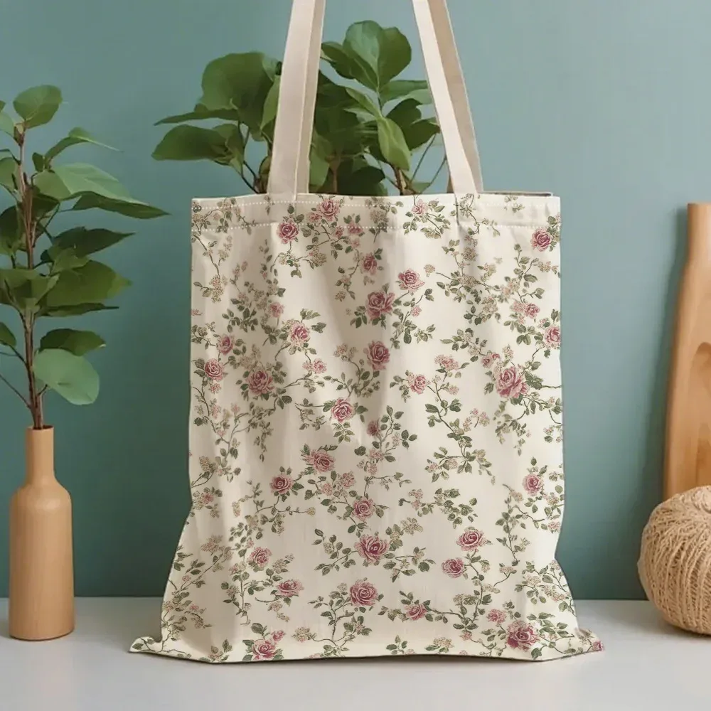 sac fourre-tout en toile à imprimé floral, adapté à un usage quotidien, aux courses, à l'école et aux voyages