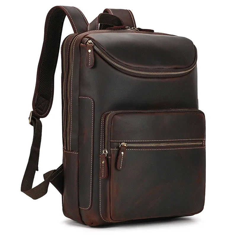 sac dos cuir vache marron cuir véritable poche intérieure zippée bandes support ajustables style décontracté capacité 20 35 litres