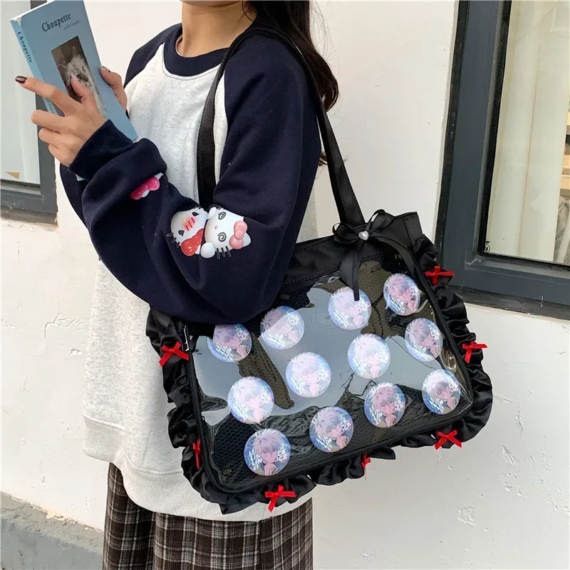 sac messager anime de style japonais, sac à bandoulière de grande capacité de style preppy avec ruban à nœud pour femmes