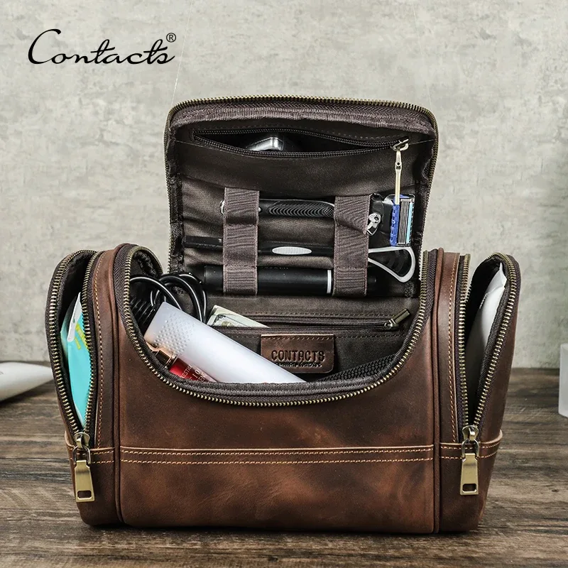 contact's-sac à cosmétiques en cuir véritable pour hommes, trousses de toilette de voyage, sac de lavage de maquillage à poignée supérieure, sac de créateur, capacité d'évaluation